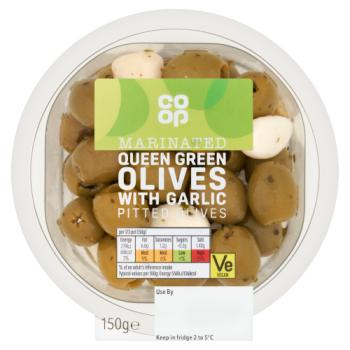 Co-op Marinated Queen Green Olives with Garlic Pitted Olives 150g