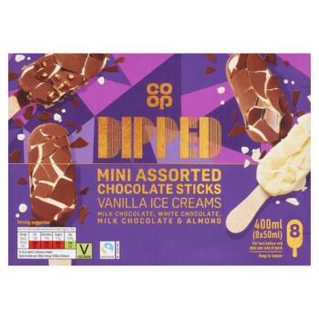 Co-op Dipped Mini Assorted Chocolate Sticks Vanilla Ice Creams 8 x 50ml (400ml)