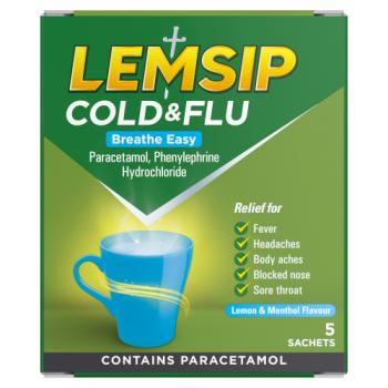 Lemsip Cold & Flu Breathe Easy Lemon & Menthol Flavour 5 Sachets