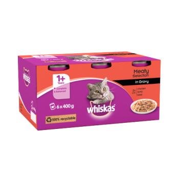 Whiskas Adult Wet Cat Food Tins Meaty in Gravy 6 x 400g