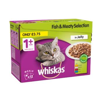Whiskas Adult Wet Cat Food Pouches Fish & Meat in Jelly 12 x 100g PMP £3.75