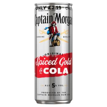 Captain Morgan Original Spiced Gold & Cola 5% vol 250ml PMP £2.19 Ready to Drink Premix Can