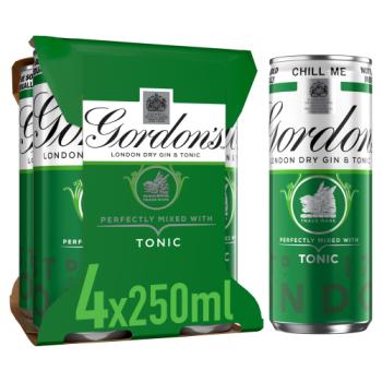 Gordon's London Dry Gin and Tonic 5% vol 4 x 250ml Ready to Drink Premix Can Multipack