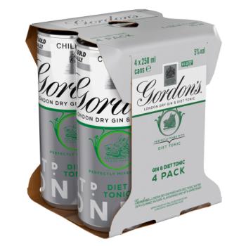 Gordon's London Dry Gin and Diet Tonic 5% vol 4 x 250ml Ready to Drink Premix Can Multipack