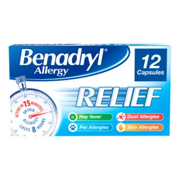 BENADRYL  Allergy Relief capsules gets to work in 15mins for Allergy relief. Pack of 12.