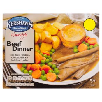 Kershaws Homestyle Beef Dinner with Roast Potatoes, Carrots, Peas & a Yorkshire Pudding 400g
