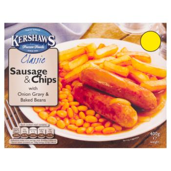 Kershaws Classic Sausage & Chips with Onion Gravy & Baked Beans 400g
