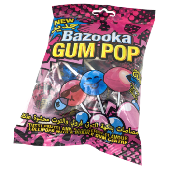 Bazooka Gum Pop Tutti Frutti & Raspberry Flavour Lollipops with Bubble Gum Centre 