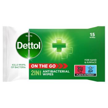 Dettol On the Go 2in1 Hand and Surface Antibacterial Wipes , 15 Wipes