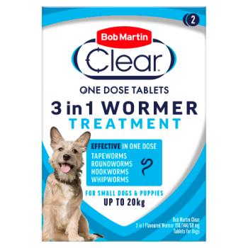 Bob Martin Clear Treatment 3 in 1 Flavoured Wormer 150/144/50mg Tablets for Dogs 2 Tablets