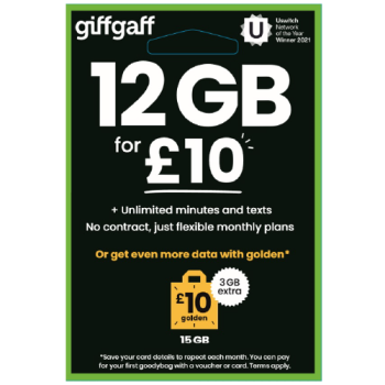 Giffgaff Pay As You Go SIM Card 12GB For £10 