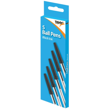 Tiger Stationery 5 Black Ink Ball Pens 