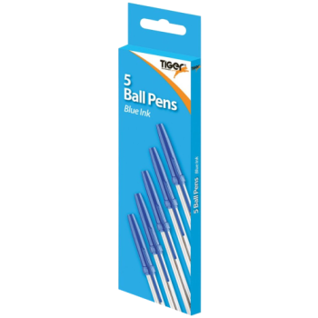 Tiger Stationery 5 Blue Ink Ball Pens 