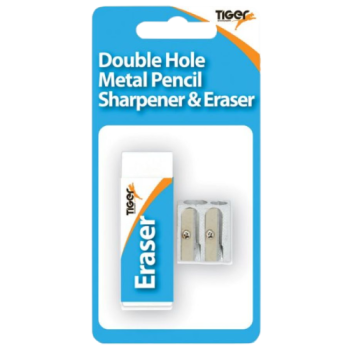 Tiger Stationery Double Hole Metal Pencil Sharpener & Eraser 