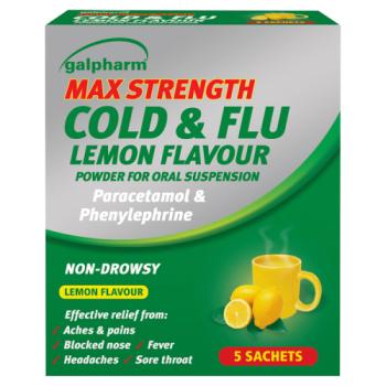 Galpharm Max Strength Cold and Flu Powder for Oral Suspension Lemon Flavour 5 Sachets