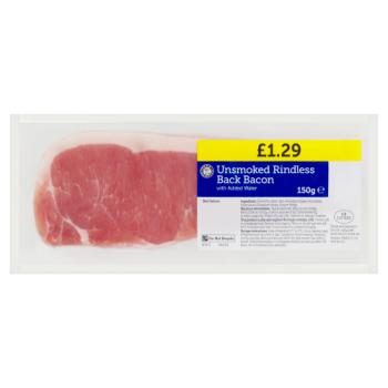 Euro Shopper Unsmoked Rindless Back Bacon with Added Water 150g
