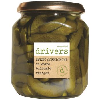 Drivers Sweet Cornichons in White Balsamic Vinegar 550g