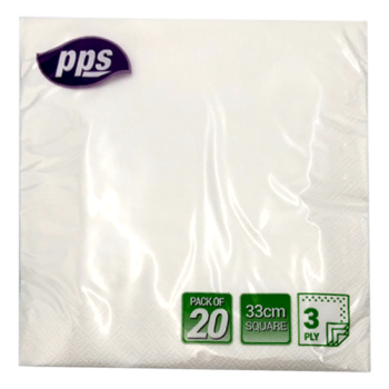 PPS 33cm White Square Napkins 3 Ply 20pk 