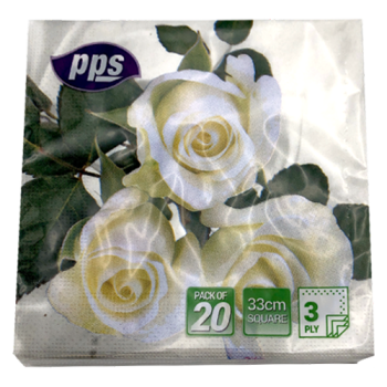 PPS 33cm White Roses Square Napkins 3 Ply 20pk