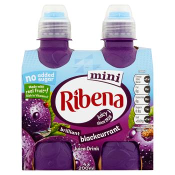 Ribena Mini No Added Sugar Brilliant Blackcurrant Juice Drink 4 x 200ml