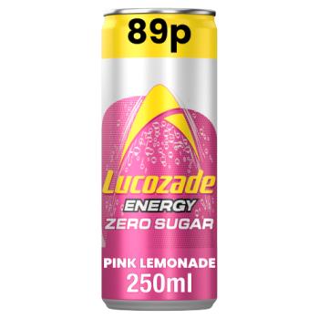 Lucozade Energy Drink Zero Sugar Pink Lemonade 250ml 89p PMP