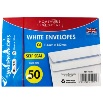 Homeware Essentials 50 C6 Self Seal White Envelopes 114mm x 162mm 