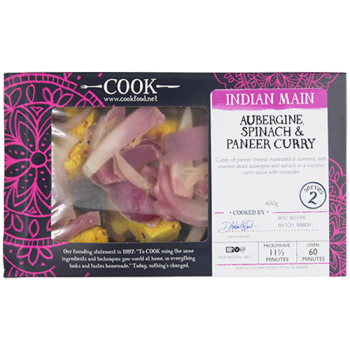 Cook Indian Main Aubergine, Spinach & Paneer Curry Serves 2 600g 