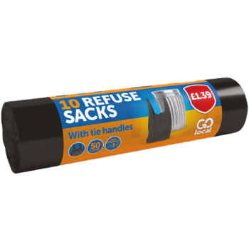 Go Local 10 Refuse Sacks with Tie Handles 50L PM £1.39 
