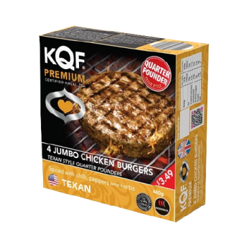 KQF Premium Texan Jumbo Chicken Burgers 4s 440g PM £3.49 