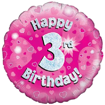 Oaktree Happy 3rd Birthday Pink Holographic Balloon 18in 
