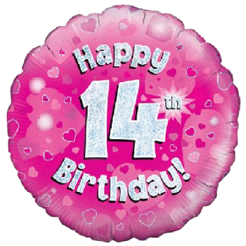 Oaktree Happy 14th Birthday Pink Holographic Balloon 18in 