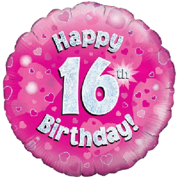 Oaktree Happy 16th Birthday Pink Holographic Balloon 18in 