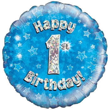 Oaktree Happy 1st Birthday Blue Holographic Balloon 18in 