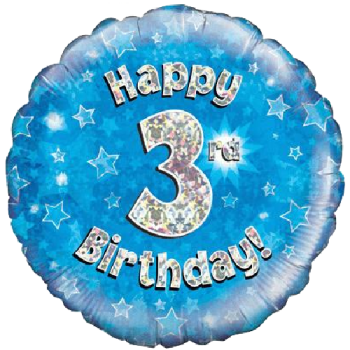 Oaktree Happy 3rd Birthday Blue Holographic Balloon 18in 