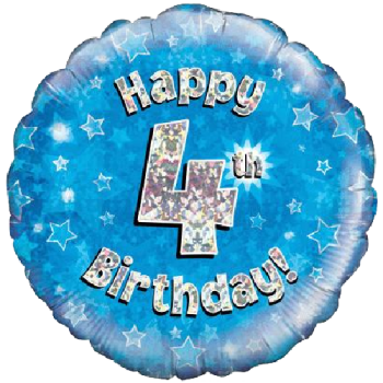 Oaktree Happy 4th Birthday Blue Holographic Balloon 18in 