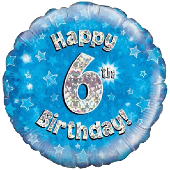 Oaktree Happy 6th Birthday Blue Holographic Balloon 18in 