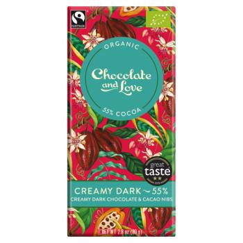 Chocolate and Love Organic Fairtrade - Creamy Dark 55% Creamy Dark Chocolate with Cacao Nibs - 80g