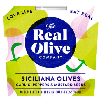 The Real Olive Company Siciliana Olives Garlic, Peppers & Mustard Seeds 185g