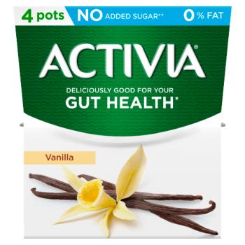 Activia Vanilla No Added Sugar 0% Fat Yogurt 4 x 120g (480g)