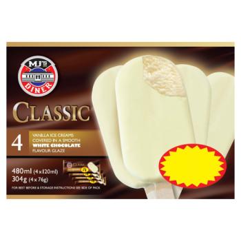 MJ's Diner Classic 4 Vanilla Ice Creams in a Smooth White Chocolate Flavour Glaze 304g (4x76g)