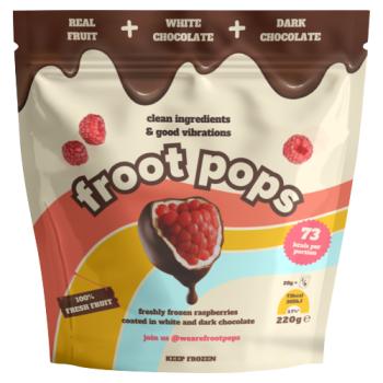 Froot Pops Freshly Frozen Raspberries Coated in White and Dark Chocolate 220g