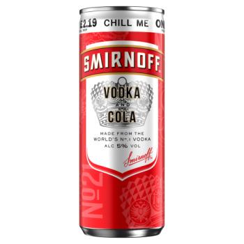 Smirnoff No.21 Vodka and Cola 5% vol Ready to Drink Premix 250ml Can PMP £2.19