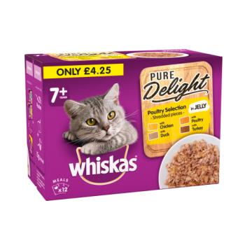 Whiskas Pure Delight Senior Cat Food Pouches Poultry in Jelly 12 x 85g £4.25