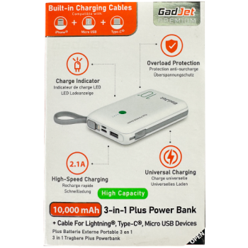 Gadjet Premium 3-in-1 Plus Power Bank with Built-in Charging Cables 