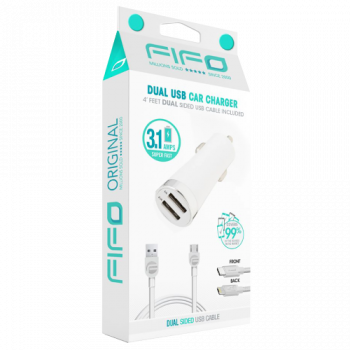 FIFO Dual USB Car Charger with Dual Sided USB Cable (Colour May Vary) 