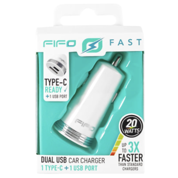 FIFO Fast Dual Car Charger with Type-C Port (Colours May Vary) 