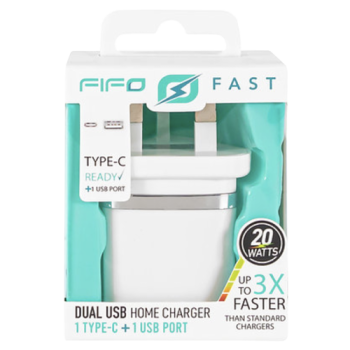 FIFO Fast Dual Home Charger with Type-C Port (Colours May Vary) 
