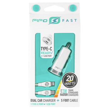 FIFO Fast Dual Car Charger with Type-C Port & 5ft Charging Cable
