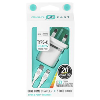 FIFO Fast Dual Home Charger with Type-C Port & 5ft Charging Cable 