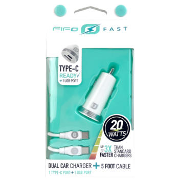 FIFO Fast Car Charger with Type C Port & 5ft Type C to Type C Cable 